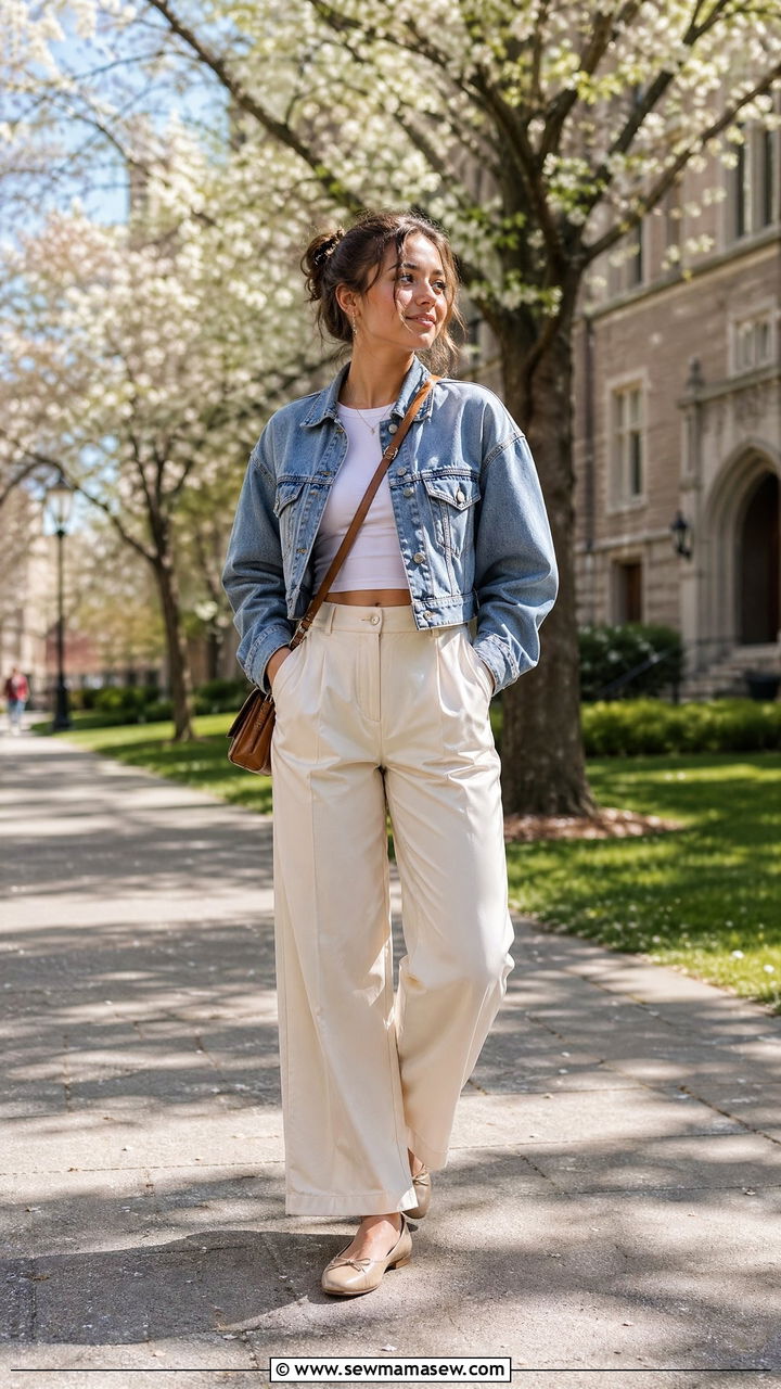 Cropped Denim Jacket and High Waisted Trousers - 35 Spring outfits for college
