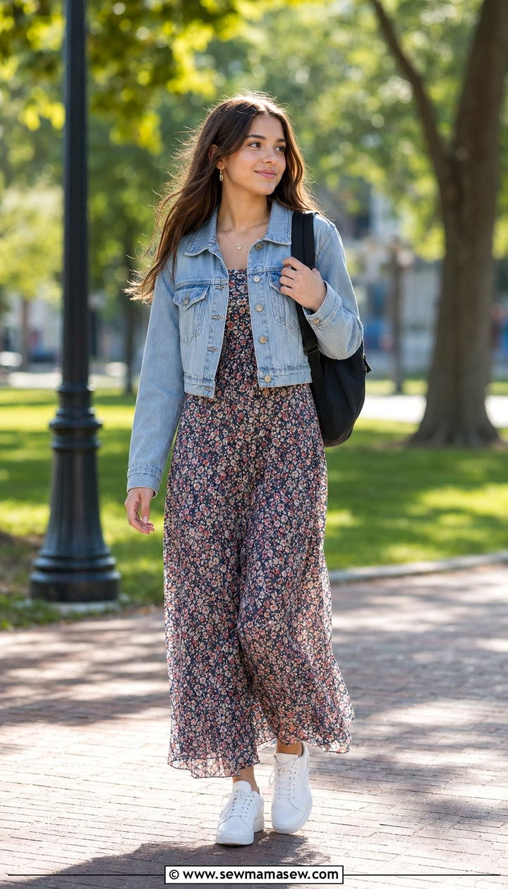 Cropped Denim Jacket and Maxi Dress School Outfit - 35 School outfit ideas for teens