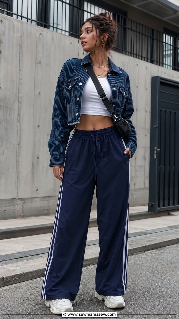 Cropped Denim Jacket and Wide Leg Track Pants - 35 cute outfits ideas