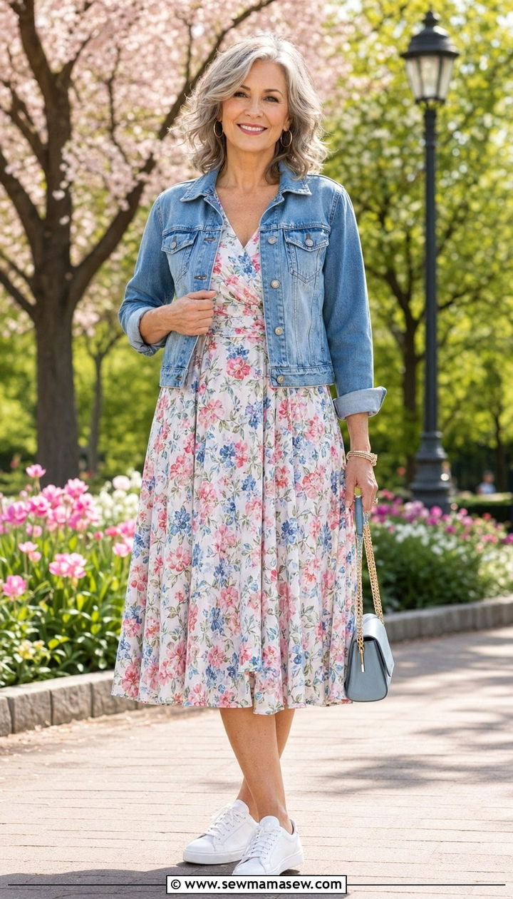 Cropped Denim Jacket with A Line Midi Dress - 30 Aesthetic outfit ideas for women over 50