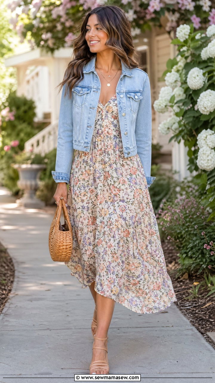 Cropped Denim Jacket with Floral Midi Dress Outfit - 35 Spring denim outfits