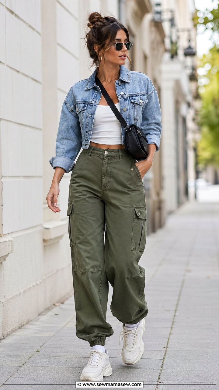 Cropped Denim Jacket with High Waisted Cargo Pants - 35 spring casual chic outfit ideas