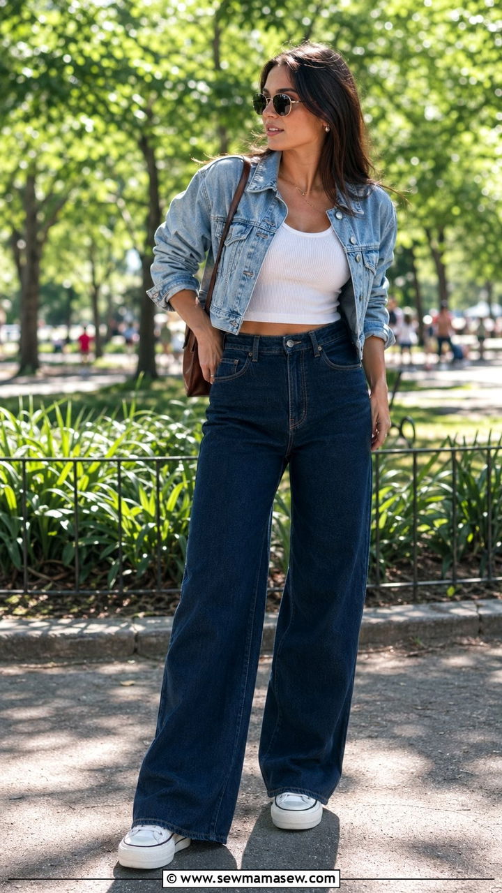 Cropped Denim Jacket with High Waisted Wide Leg Jeans - 35 Outfit ideas for tall women