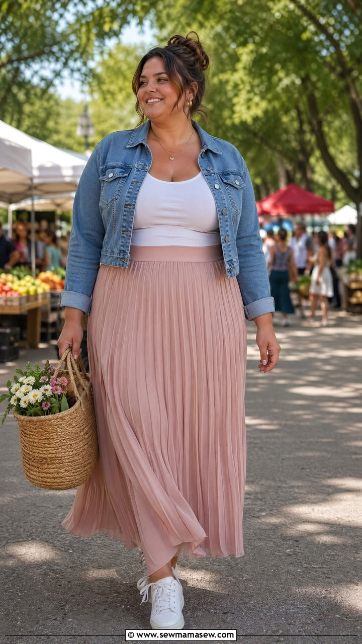Cropped Denim Jacket with Pleated Maxi Skirt - 35 classy outfits for plus size women