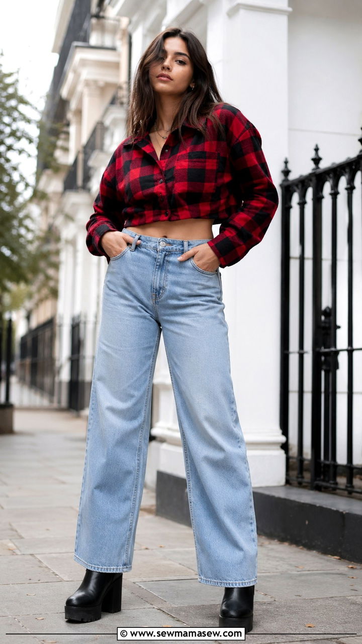Cropped Flannel And Wide Leg Jeans With Chunky Boots - 30 spring grunge outfit ideas