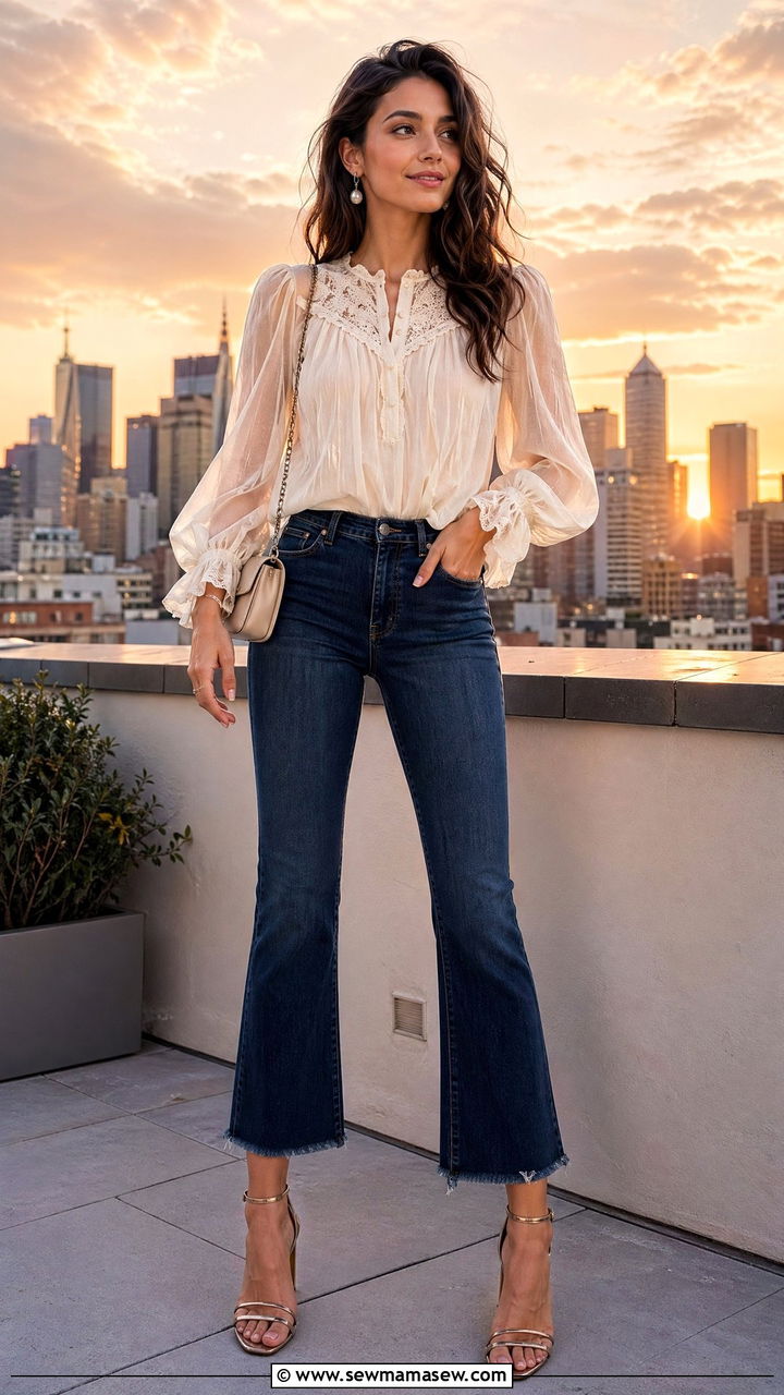 Cropped Flare Jeans With Blouse Outfit - 35 spring street style outfits
