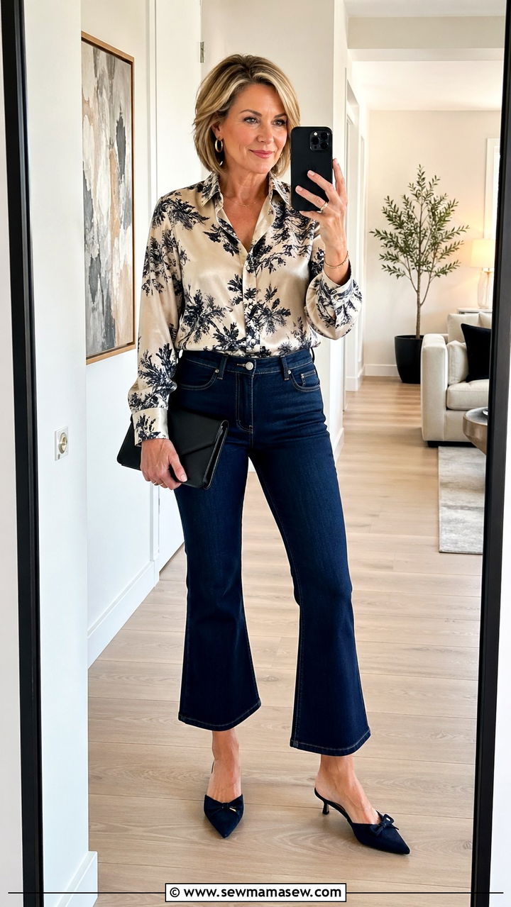 Cropped Flare Jeans With Tucked In Silk Blouse Spring Outfit Over 50 - 30 Spring capsule wardrobe over 50