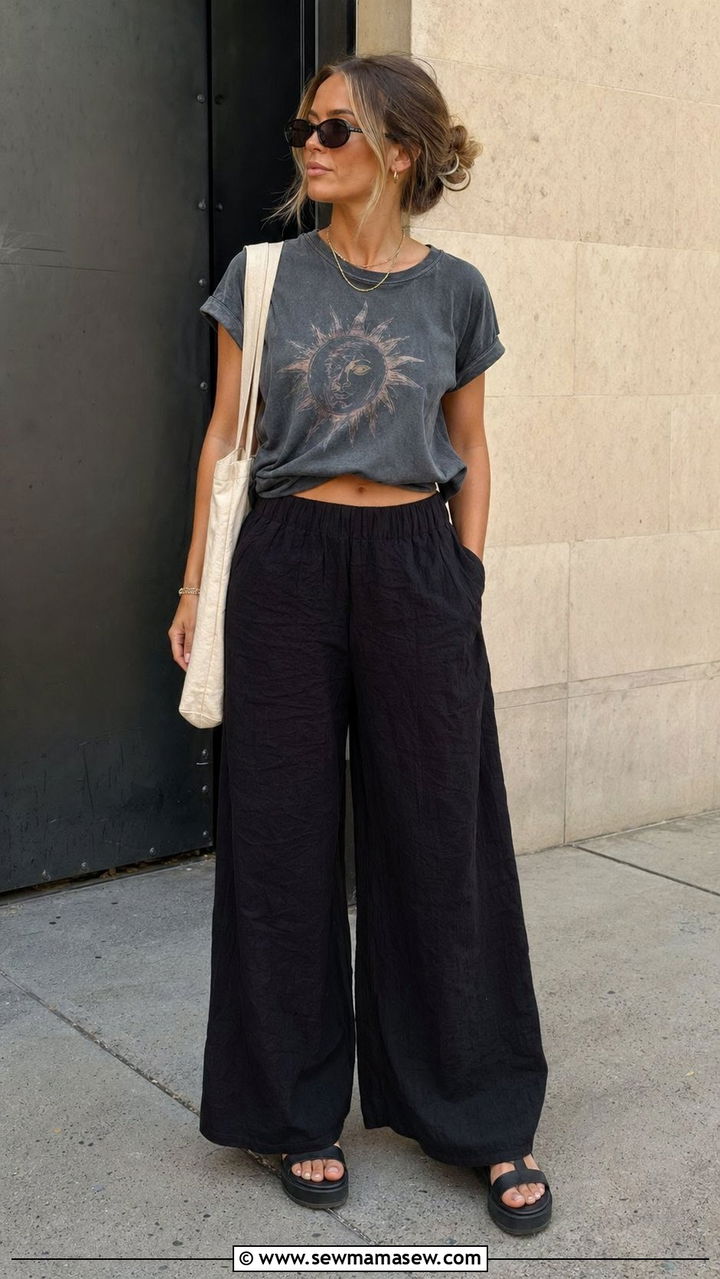 Cropped Graphic Tee And Platform Sandals With Wide Leg Linen Pants - 30 Wide leg linen pants outfit ideas for summer