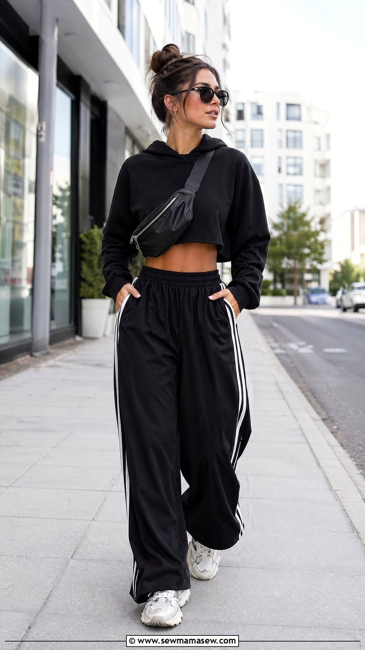 Cropped Hoodie And Wide Leg Track Pants - 35 casual wide leg pants outfits