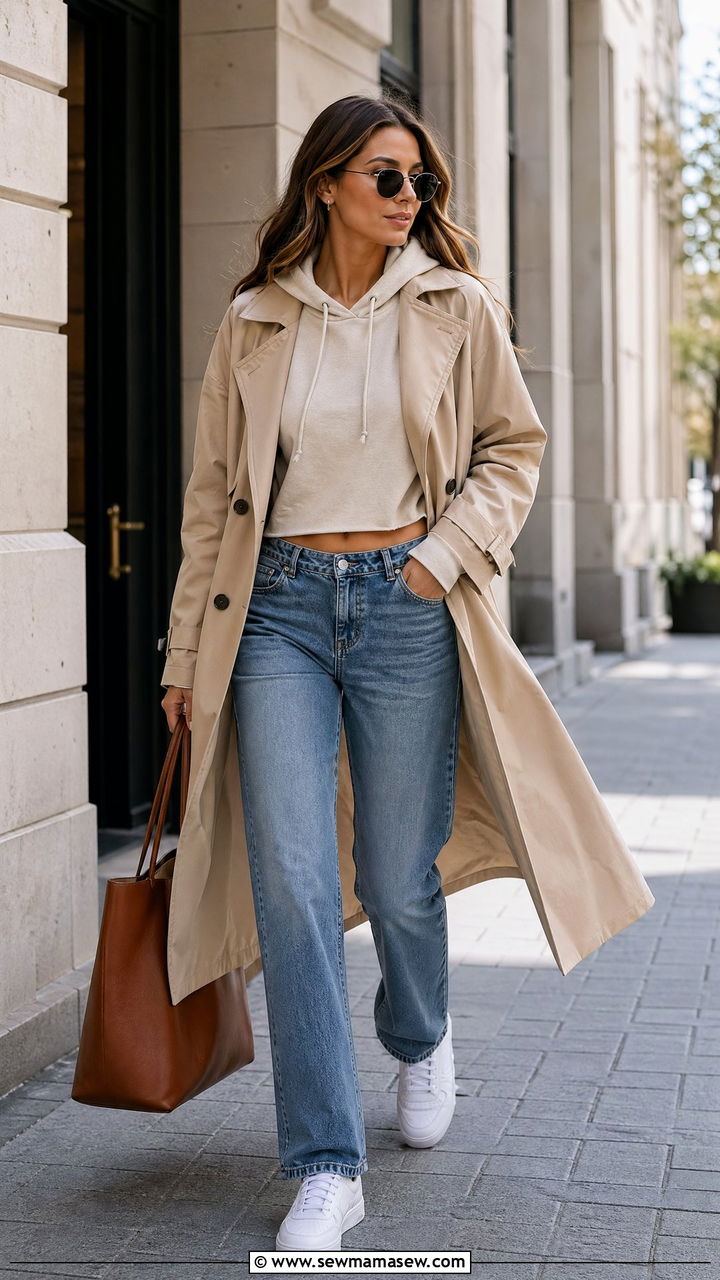 Cropped Hoodie Layered Under A Trench Coat - 35 Cropped hoodie outfit ideas