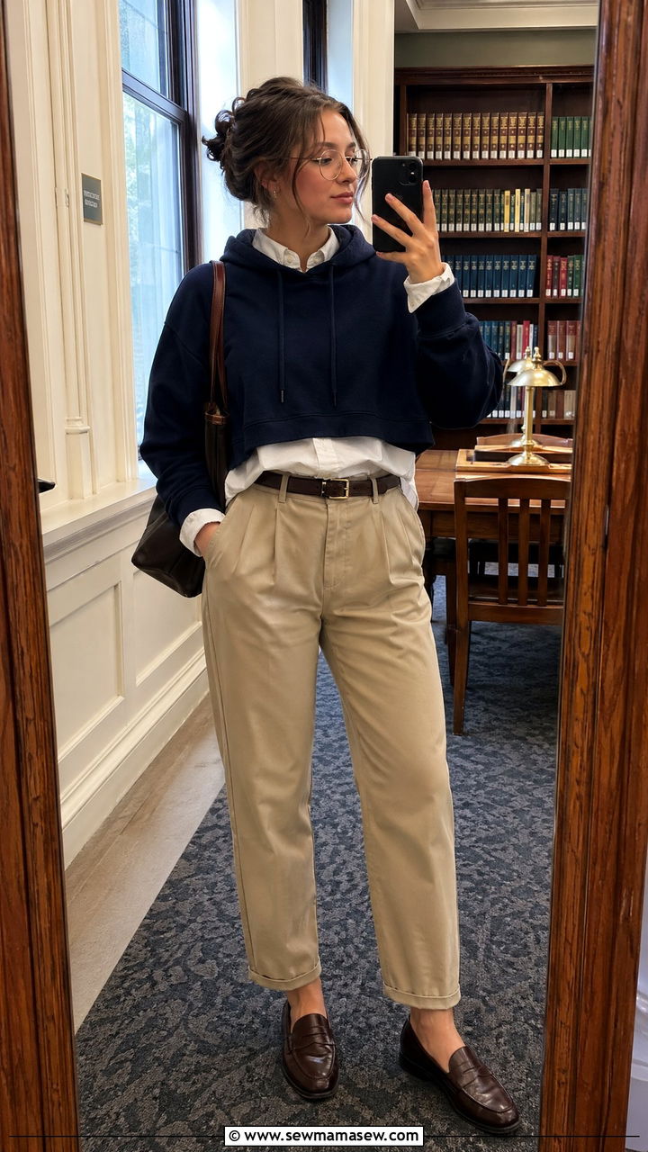 Cropped Hoodie With A Collared Shirt Underneath - 35 Cropped hoodie outfit ideas