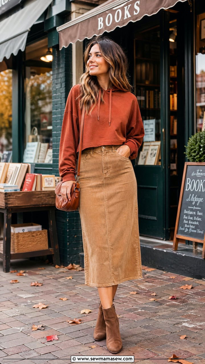 Cropped Hoodie With A Corduroy Midi Skirt - 35 Cropped hoodie outfit ideas
