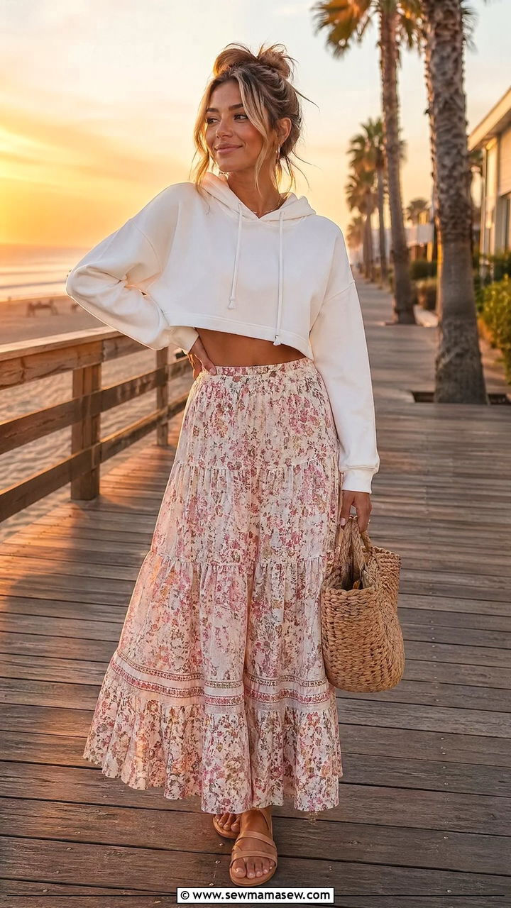 Cropped Hoodie With A Flowy Maxi Skirt - 35 Cropped hoodie outfit ideas