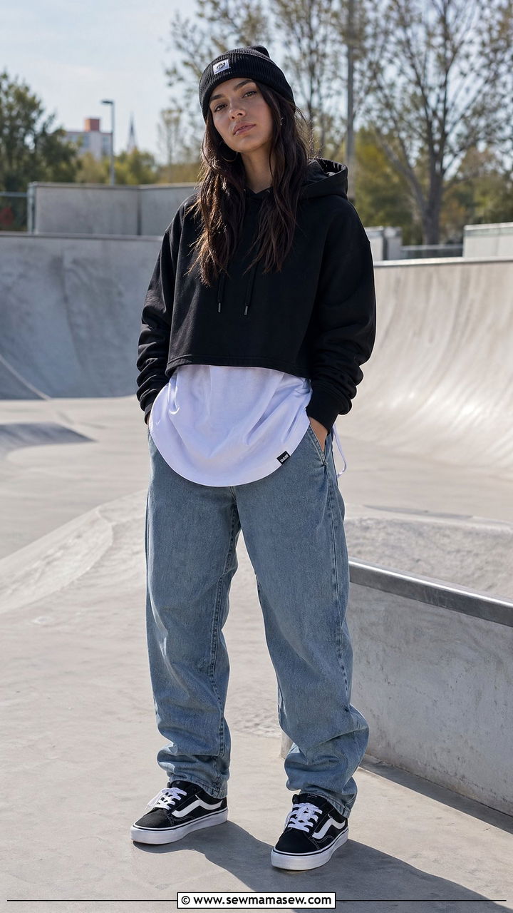 Cropped Hoodie With A Longline Tee Underneath - 35 Cropped hoodie outfit ideas