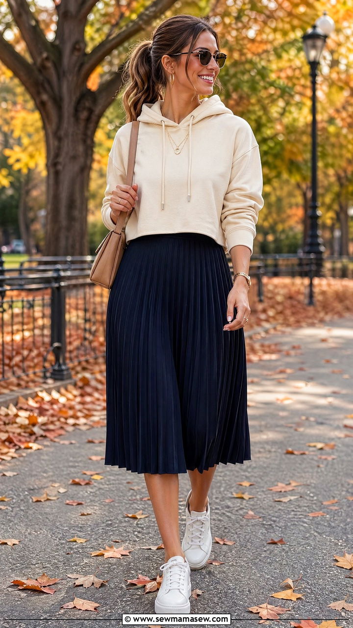 Cropped Hoodie With A Pleated Midi Skirt - 35 Cropped hoodie outfit ideas