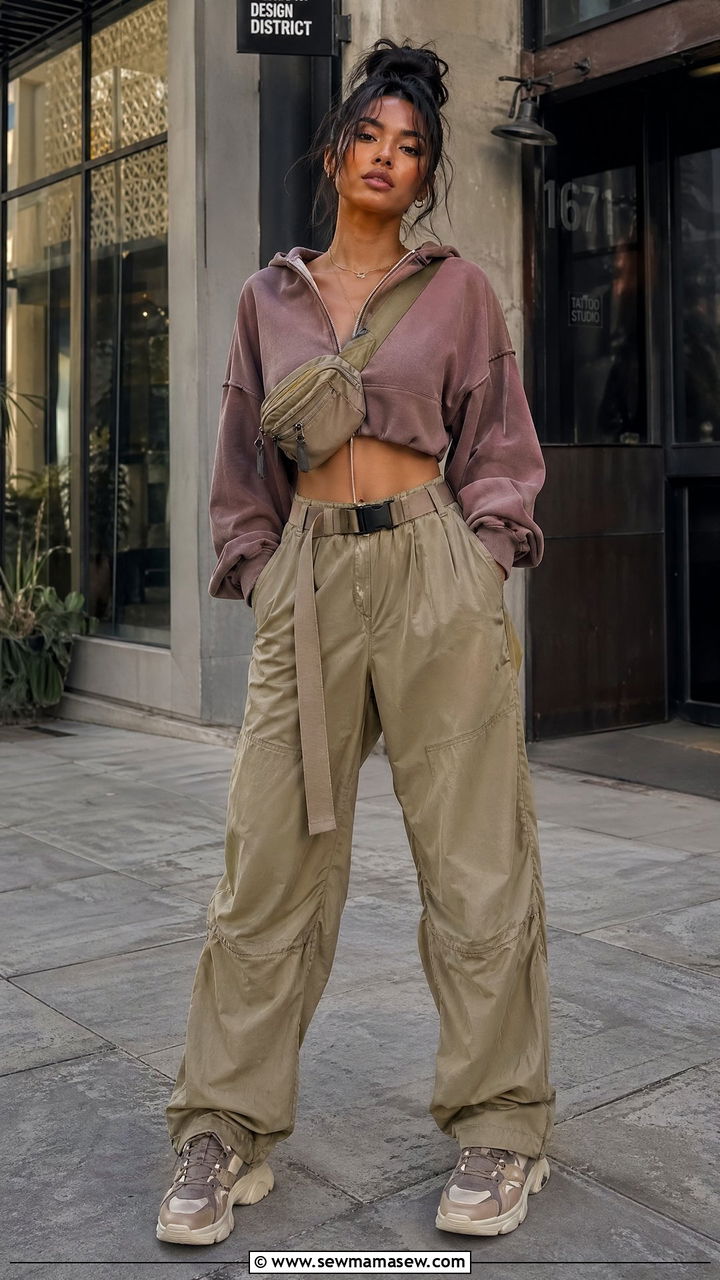 Cropped Hoodie With Parachute Pants - 35 Cropped hoodie outfit ideas