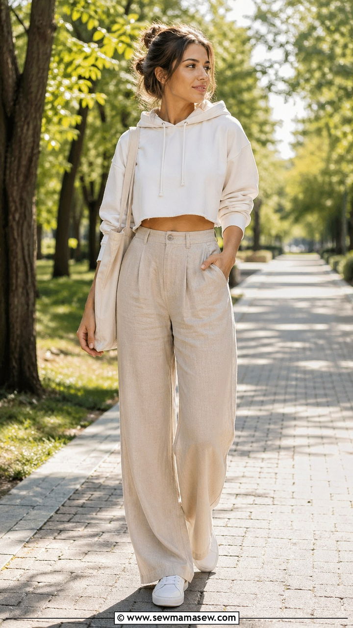 Cropped Hoodie With Wide Leg Linen Pants - 30 Soft life outfit ideas