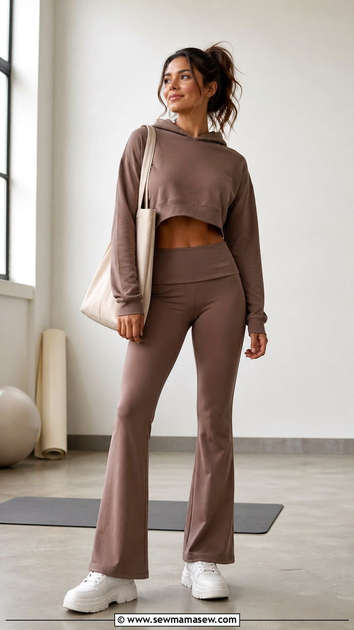 Cropped Hoodie and Flared Yoga Pants - 35 Gym outfit ideas for women