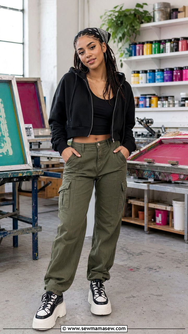 Cropped Hoodie and High Waist Cargo Pants for Screen Printing Workshop - 30 Workshop outfit ideas