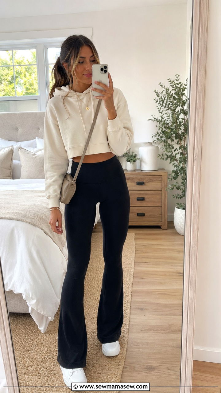 Cropped Hoodie and High Waist Flare Leggings - 30 spring athleisure outfit ideas