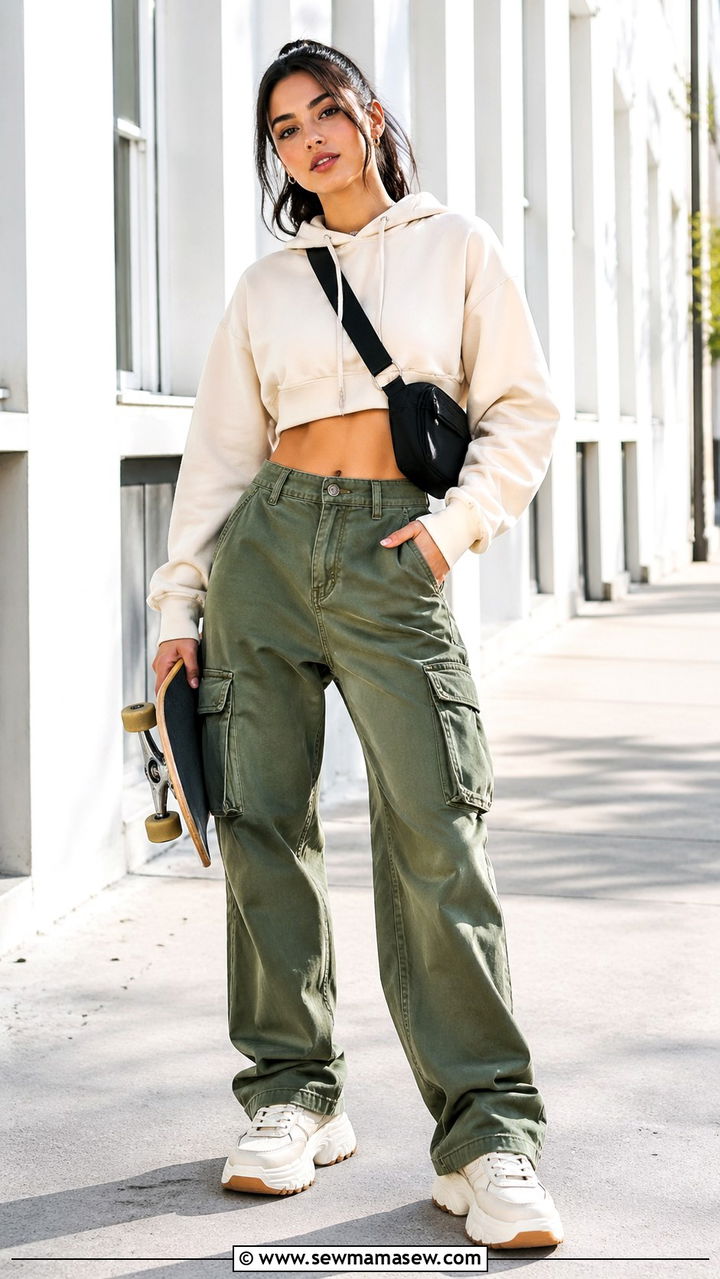 Cropped Hoodie and High Waisted Cargo Pants - 30 Skater outfit ideas