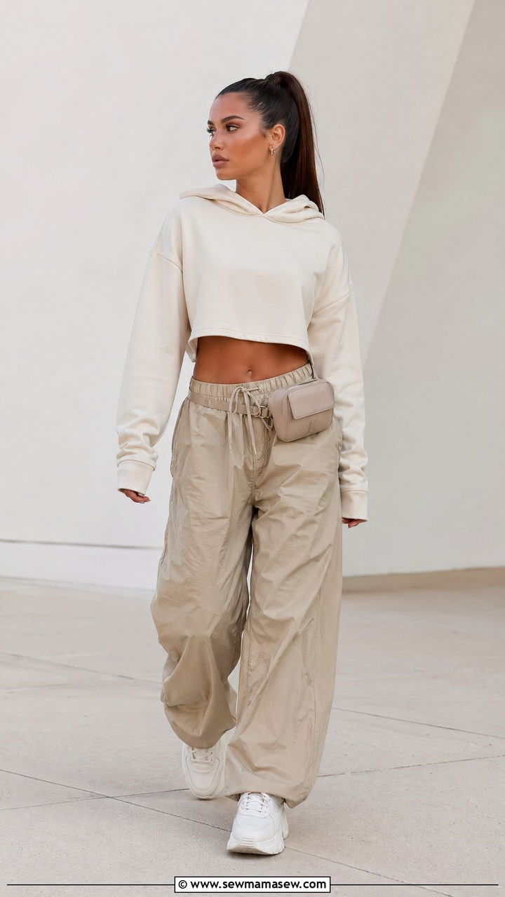 Cropped Hoodie and Khaki Parachute Pants Outfit - 35 Y2K outfit ideas for women