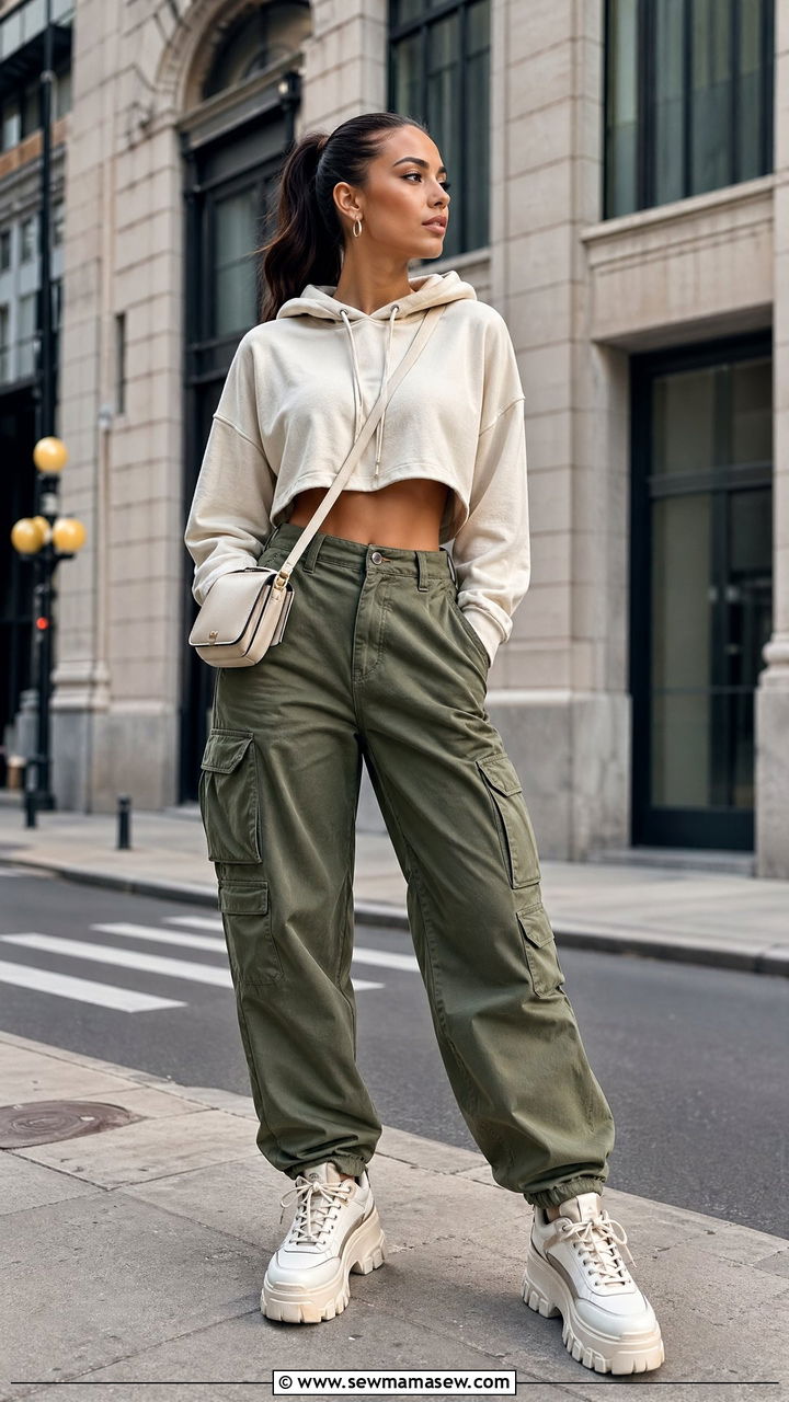 Cropped Hoodie with Cargo Pants and Chunky Sneakers - 35 cute outfits for women