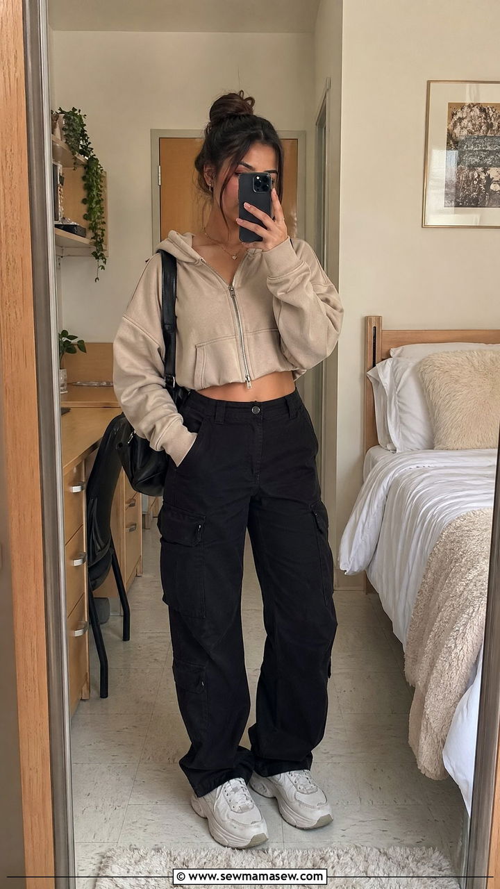 Cropped Hoodie with High Waisted Cargo Pants - 35 college outfit ideas for women