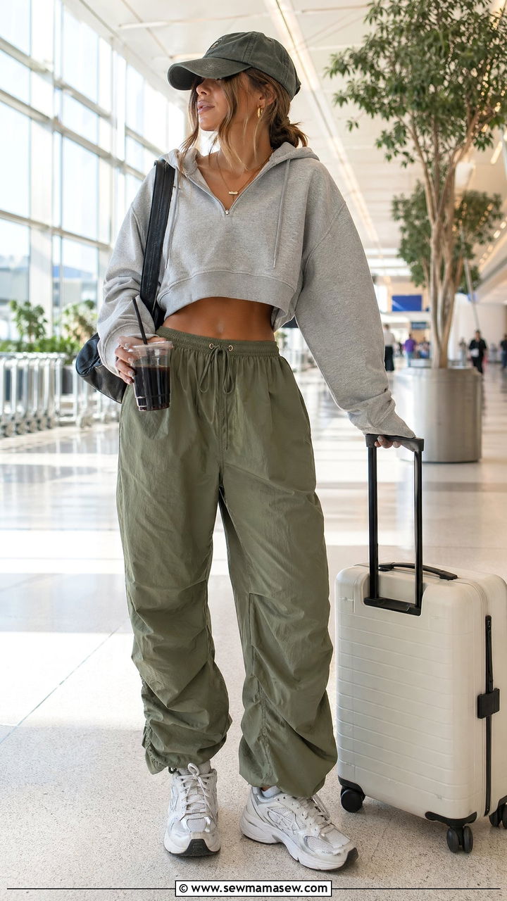Cropped Hoodie with Parachute Pants and Dad Sneakers - 35 y2k outfits for women