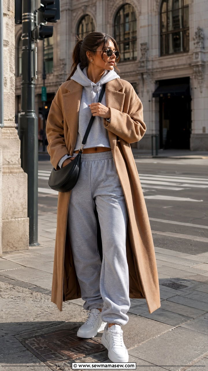 Cropped Hoodie with Sweatpants and a Wool Overcoat - 40 spring travel outfit ideas