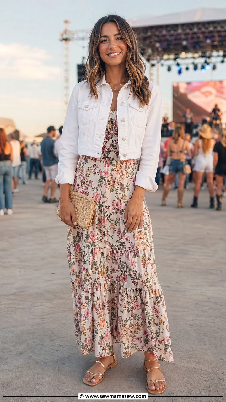 Cropped Jacket Over Maxi Dress With Strappy Sandals - 35 Cover up dress outfit ideas