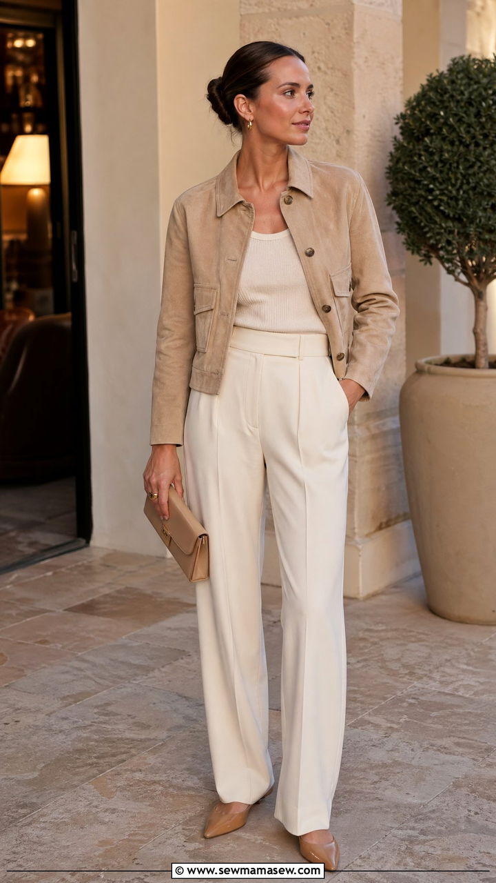 Cropped Jacket With Column of Cream Trousers - 35 spring quiet luxury outfits
