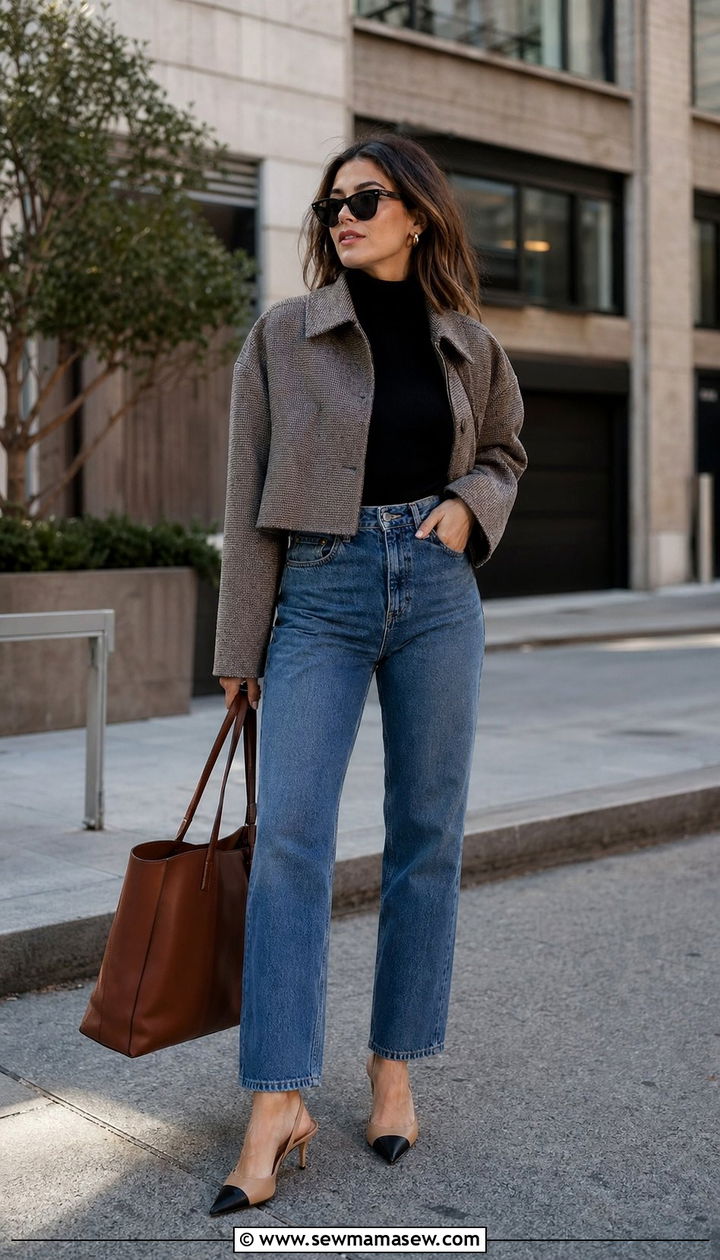 Cropped Jacket With High Rise Jeans And Slingbacks - 35 Petite outfit ideas with jeans
