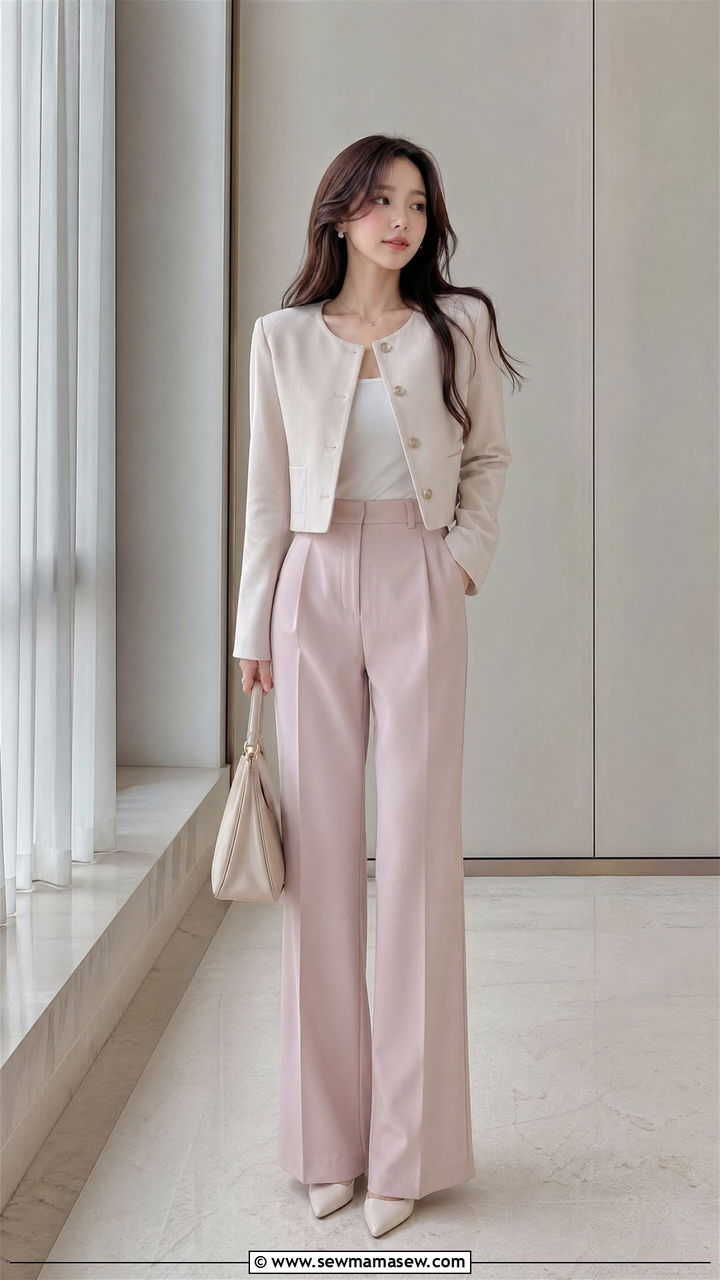 Cropped Jacket With High Waisted Trousers - 35 spring soft girl outfit ideas