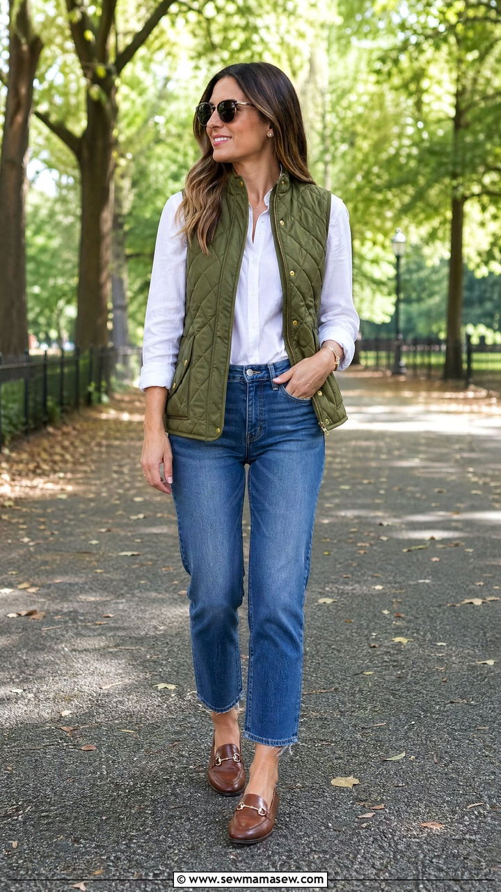 Cropped Jeans With a Button Down Shirt and a Quilted Vest - 35 Summer to fall transition outfits