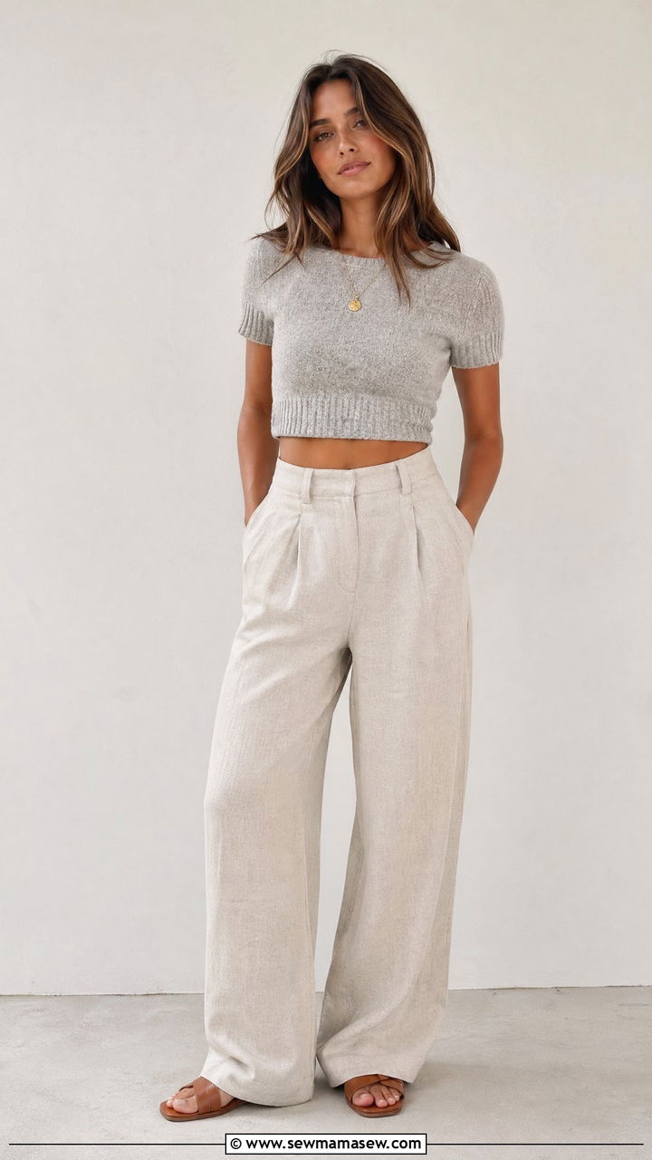 Cropped Knit Sweater With Wide Leg Linen Trousers - 35 classy summer to fall outfits