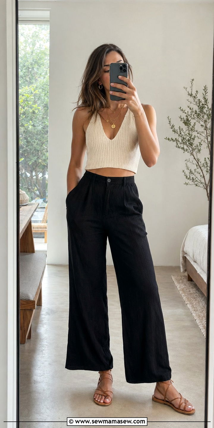 Cropped Knit Tank And Gold Jewelry With Wide Leg Linen Pants - 30 Wide leg linen pants outfit ideas for summer