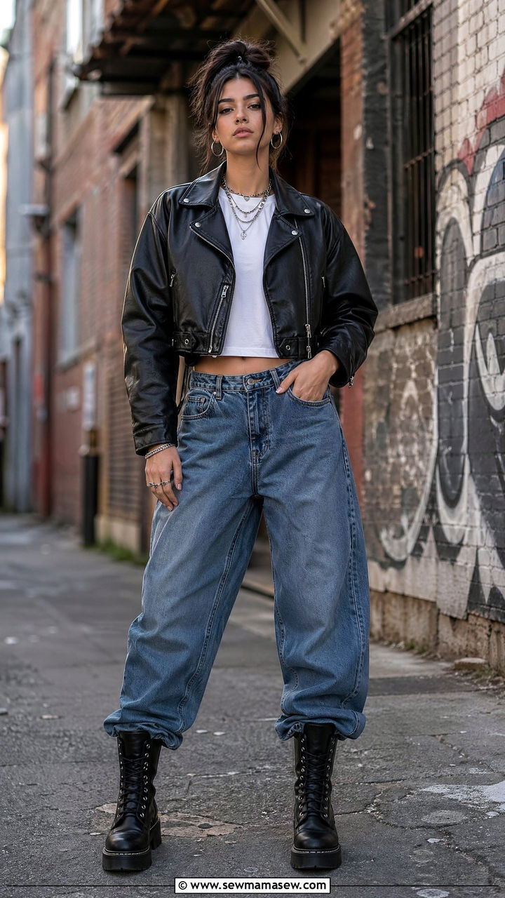 Cropped Leather Jacket With Baggy Jeans - 35 Streetwear outfit ideas