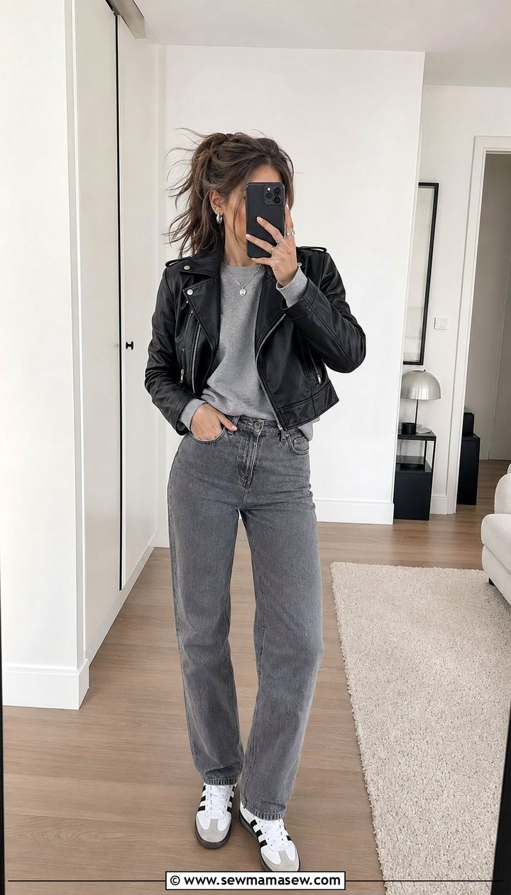 Cropped Leather Jacket With Gray Jeans - 30 windy day outfits Pinterest