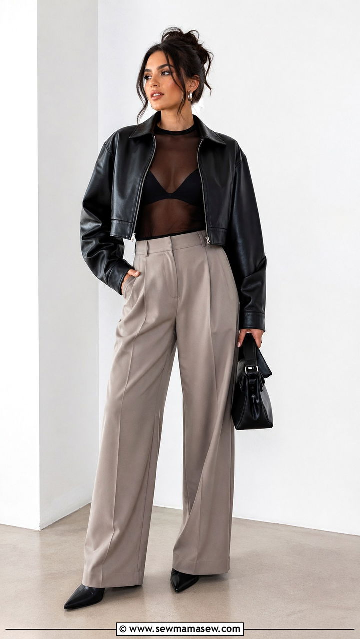 Cropped Leather Jacket With Sheer Mesh Top And Wide Leg Trousers - 30 spring edgy outfits
