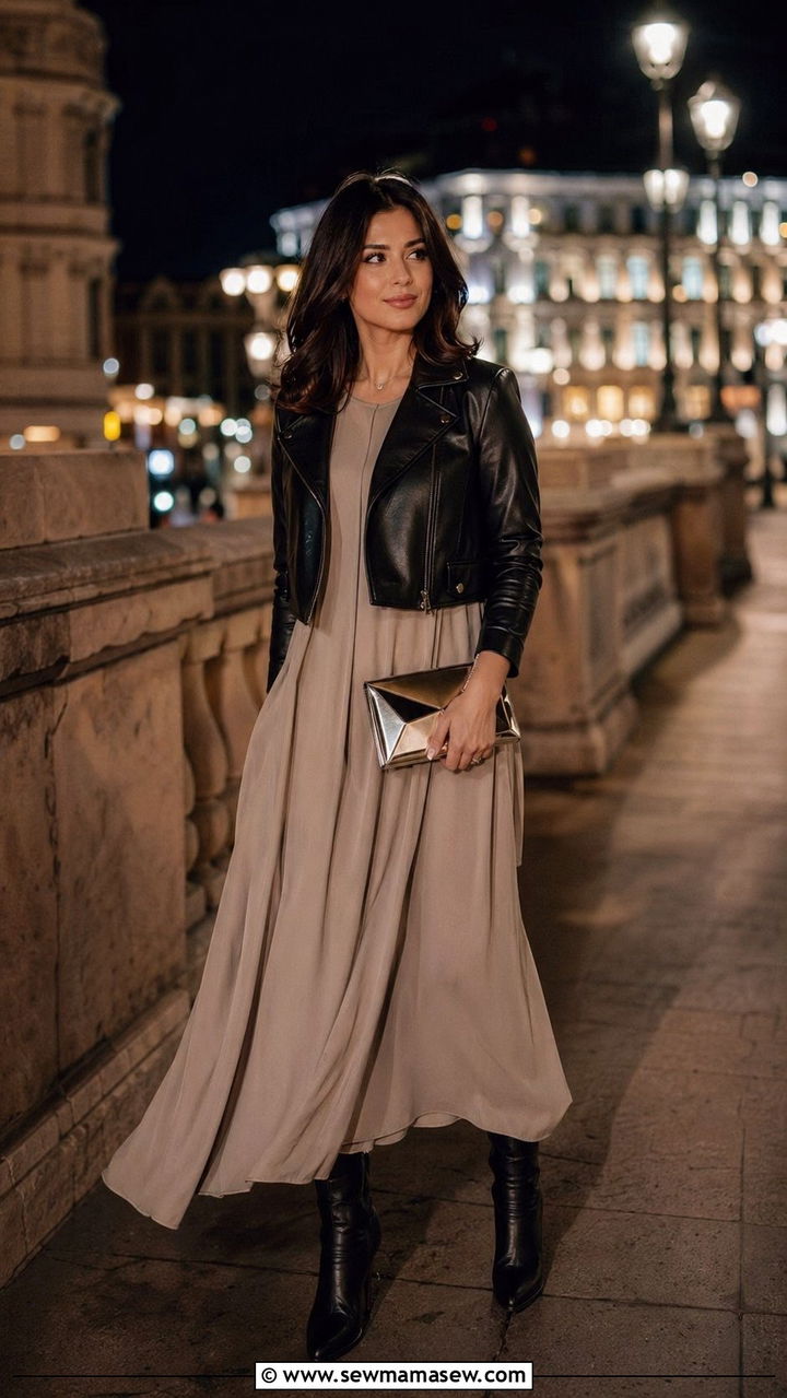 Cropped Leather Jacket and Layered Maxi Dress Evening Look - 35 modest classy outfits aesthetic