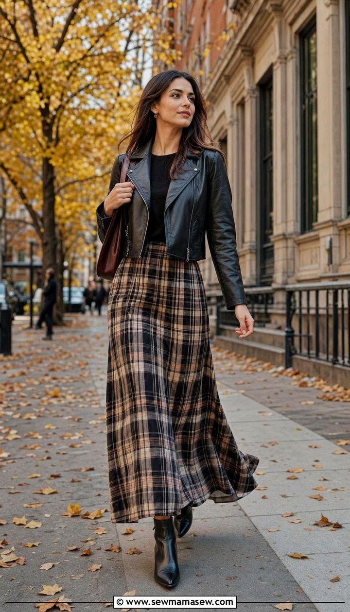 Cropped Leather Jacket and Plaid Maxi Skirt Modest Outfit - 35 modest classy outfits aesthetic
