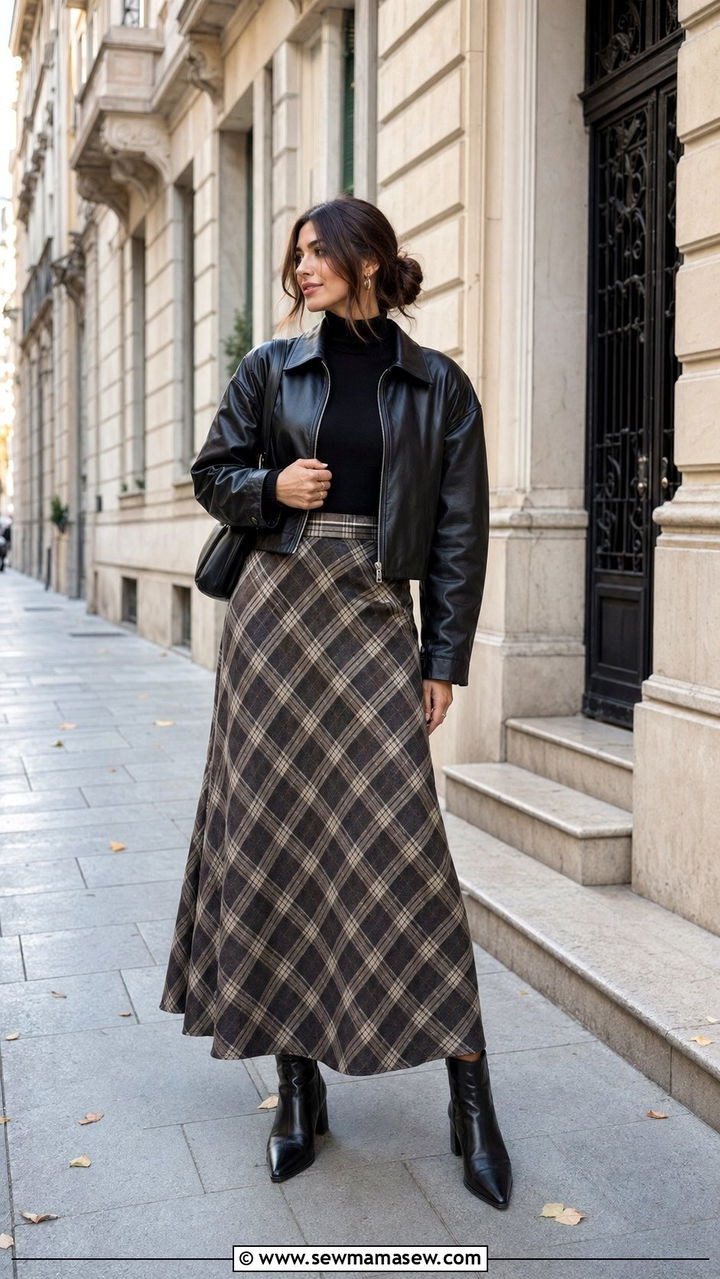 Cropped Leather Jacket with Plaid Maxi Skirt - 35 modest classy outfits