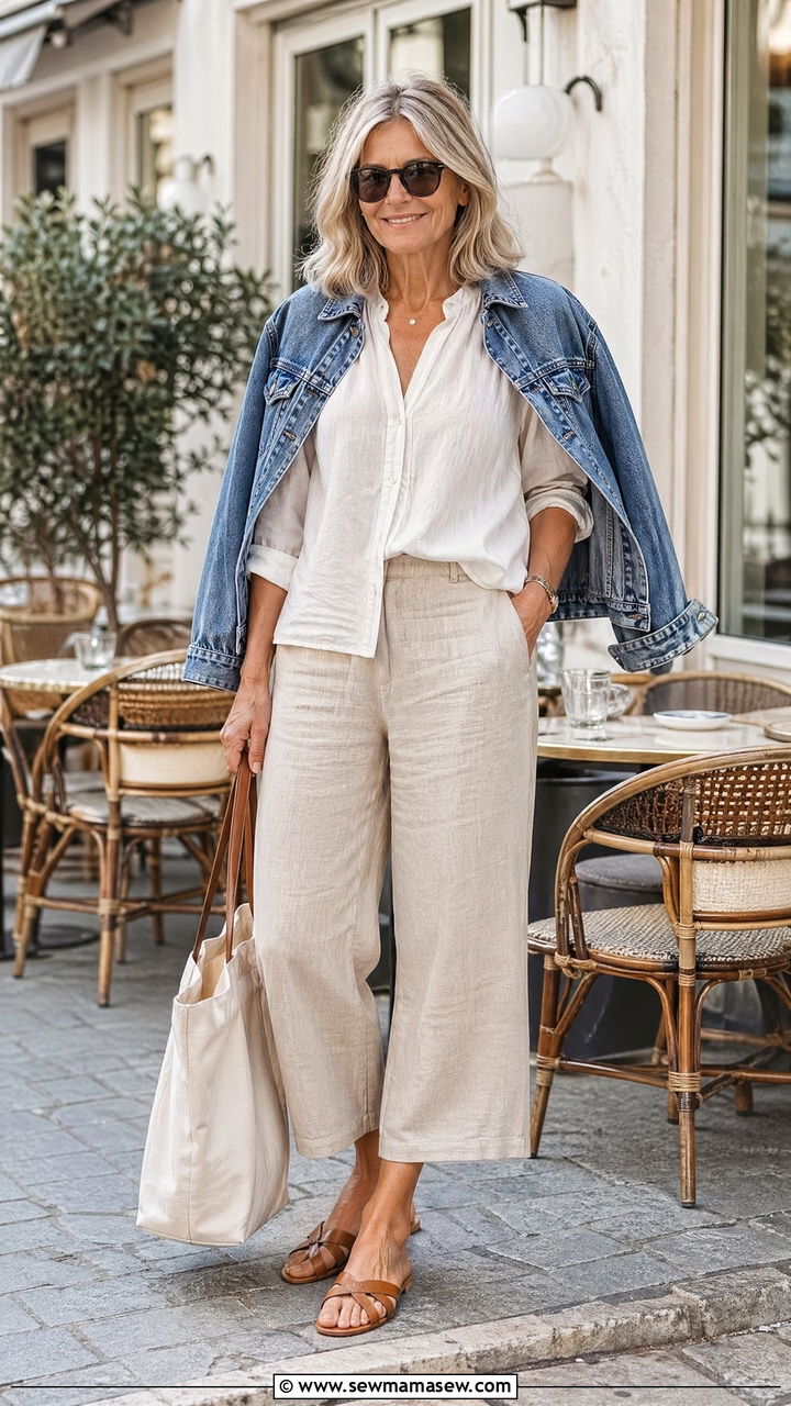 Cropped Linen Pants With A Relaxed Blouse And A Denim Jacket - 35 Vacation outfits for women over 50