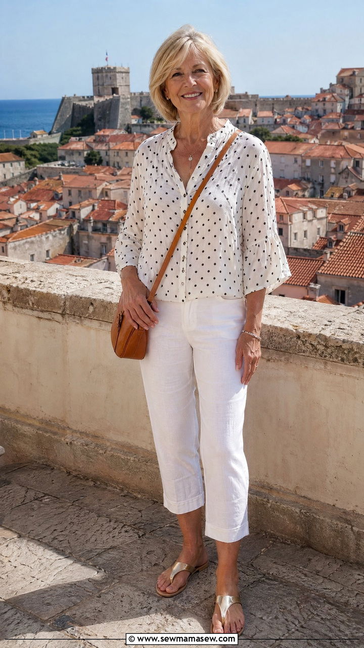 Cropped Linen Pants and Breezy Blouse Outfit - 35 Summer outfits for women over 60