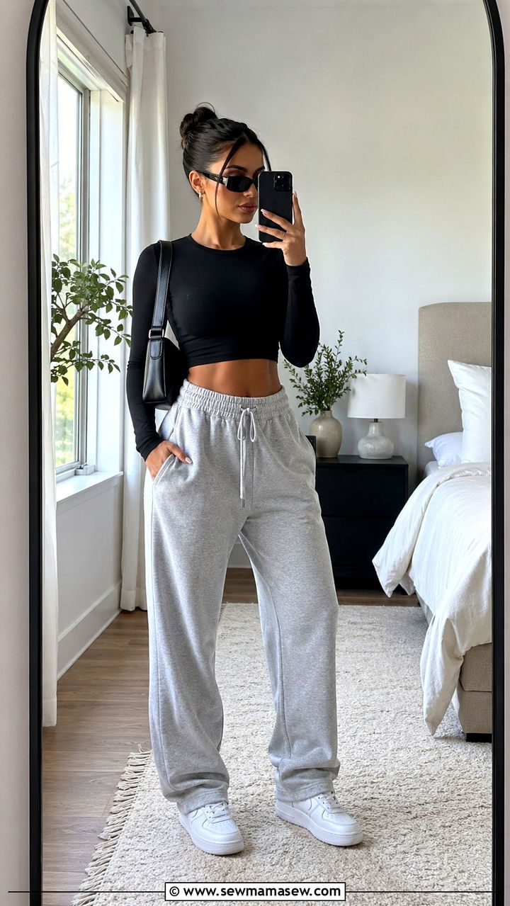 Cropped Long Sleeve Top and Loose Gray Joggers - 30 spring athleisure outfit ideas