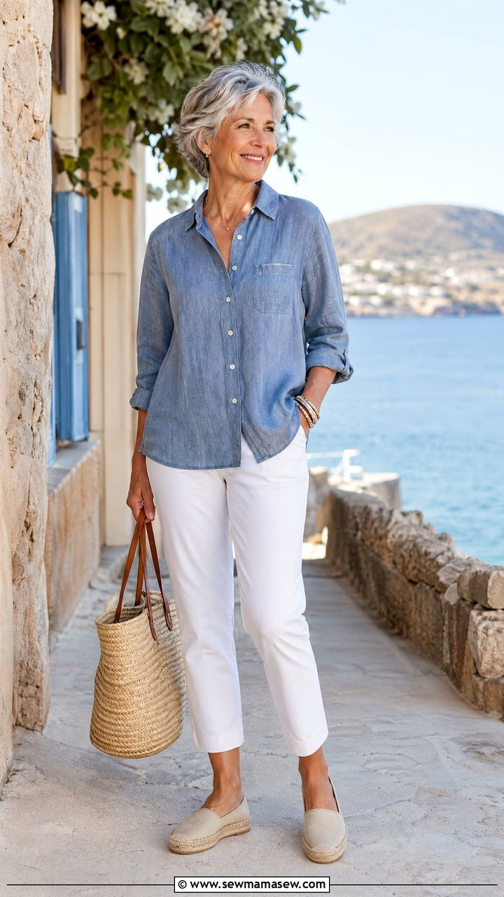 Cropped Pants and Button Down Shirt Vacation Look - 35 Vacation outfits for women over 60