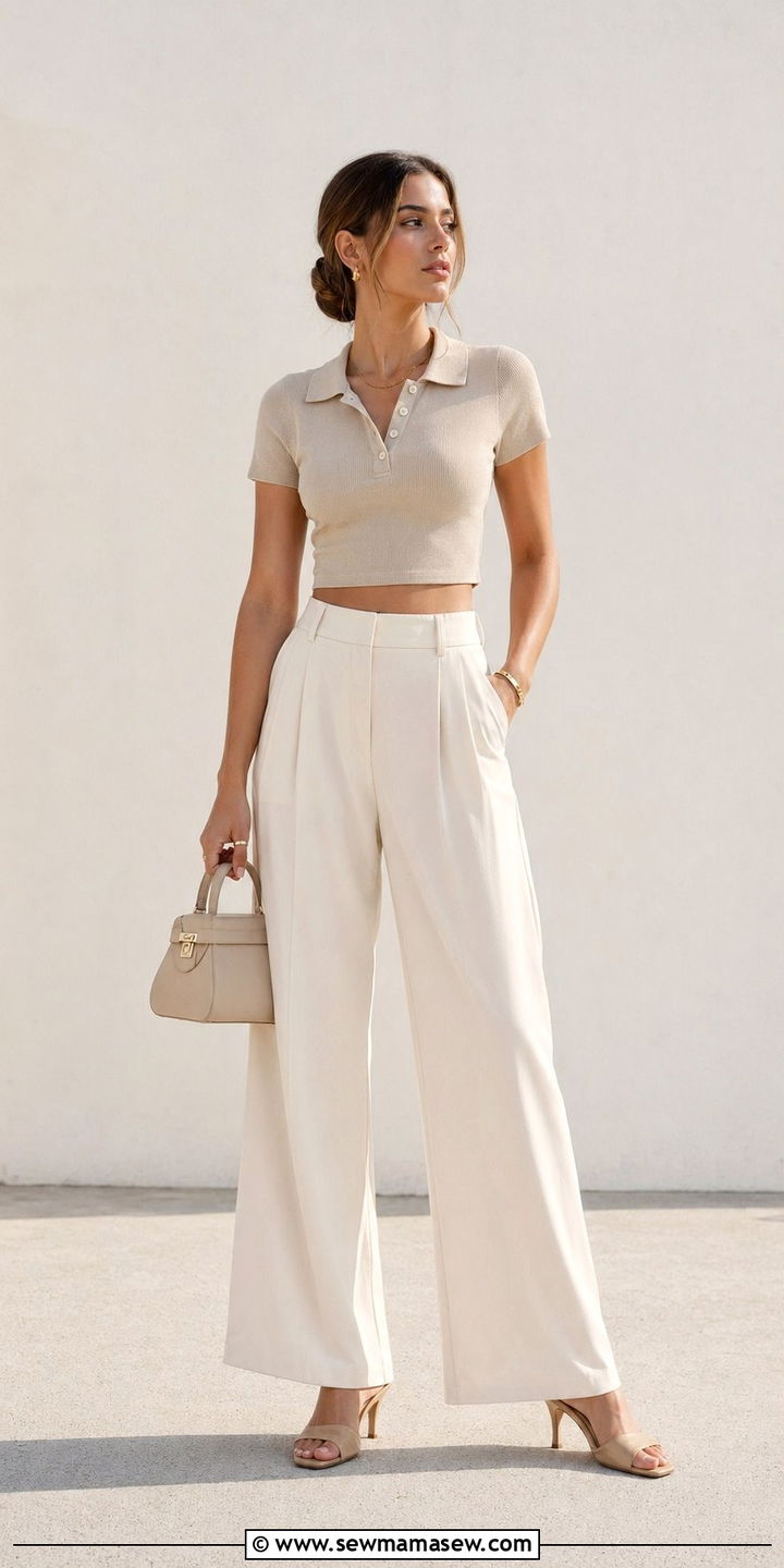 Cropped Polo Shirt with Wide Leg Trousers - 35 Polo shirt outfit ideas for women