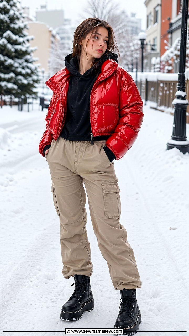 Cropped Puffer Jacket Over Hoodie With Cargo Pants - 35 Trendy outfits for teens