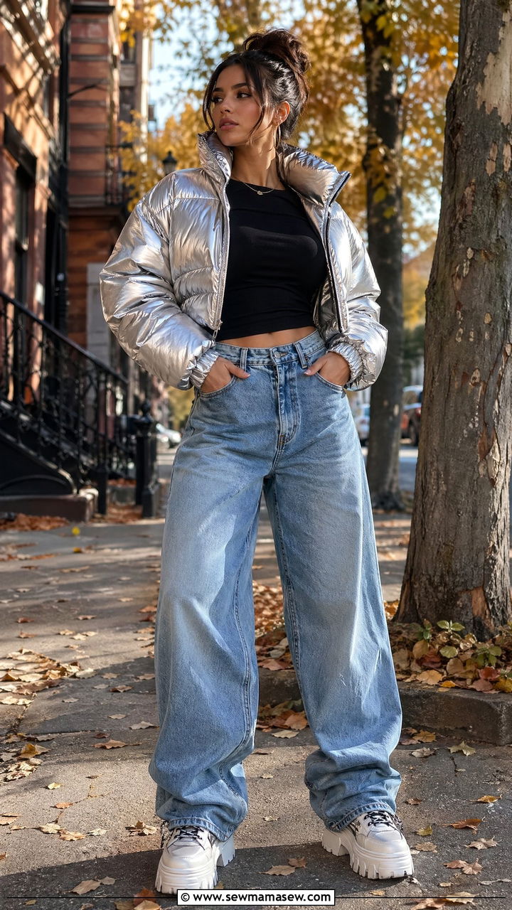 Cropped Puffer Jacket With Baggy Jeans - 35 streetwear outfits